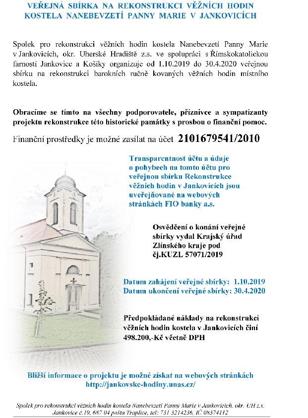 Rekonstrukce hodiny kostela v Jankovicích - veřejná sbírka