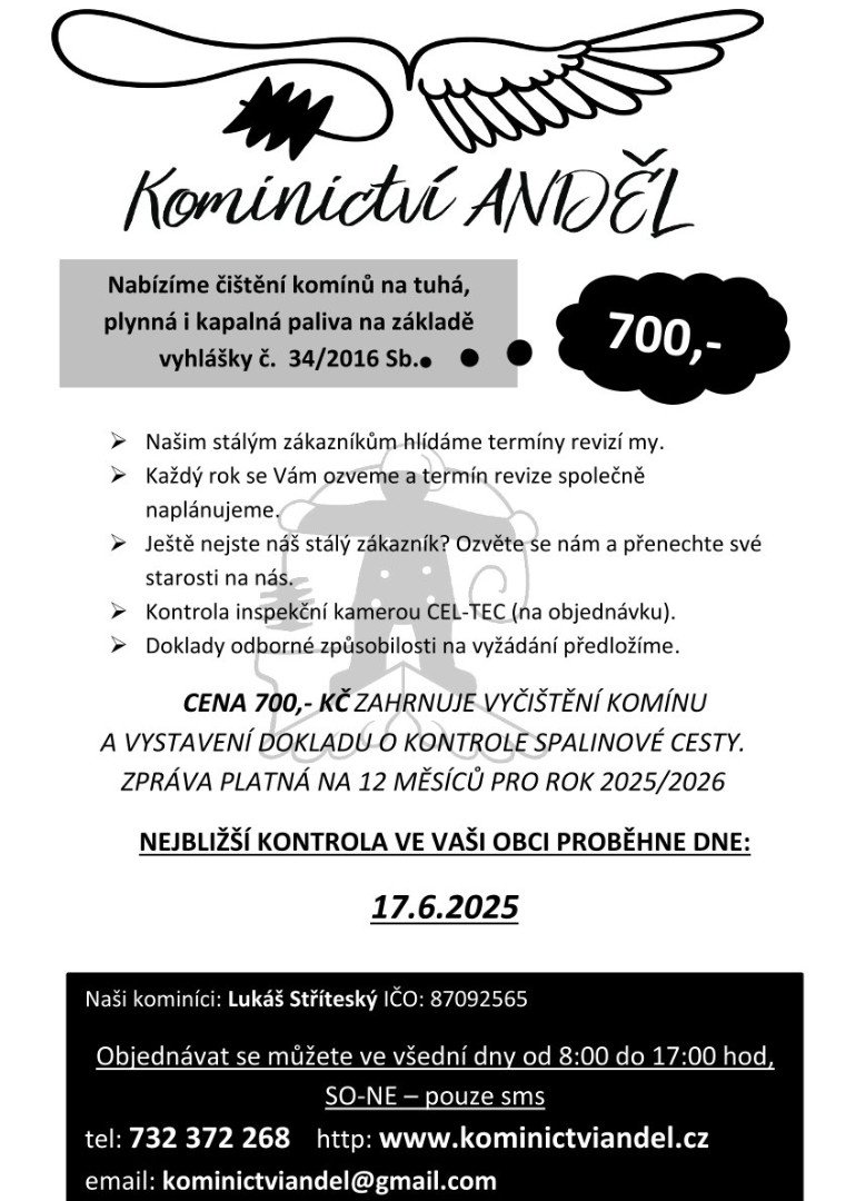Kominictví Anděl nabízí čištění komímů na tuhá, plynná i kapalná paliva na základě vyhlášky č. 34/2016 Sb. za 700 Kč