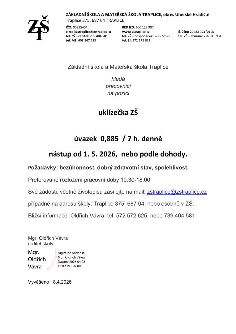 Nabídka práce - ZŠ a MŠ Traplice hledá uklizečku s nástupem od 1.5.2026