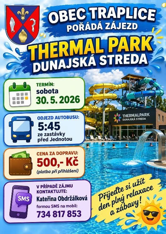 Obec Traplice pořádá zájezd do termálů v sobotu 30.5.2026