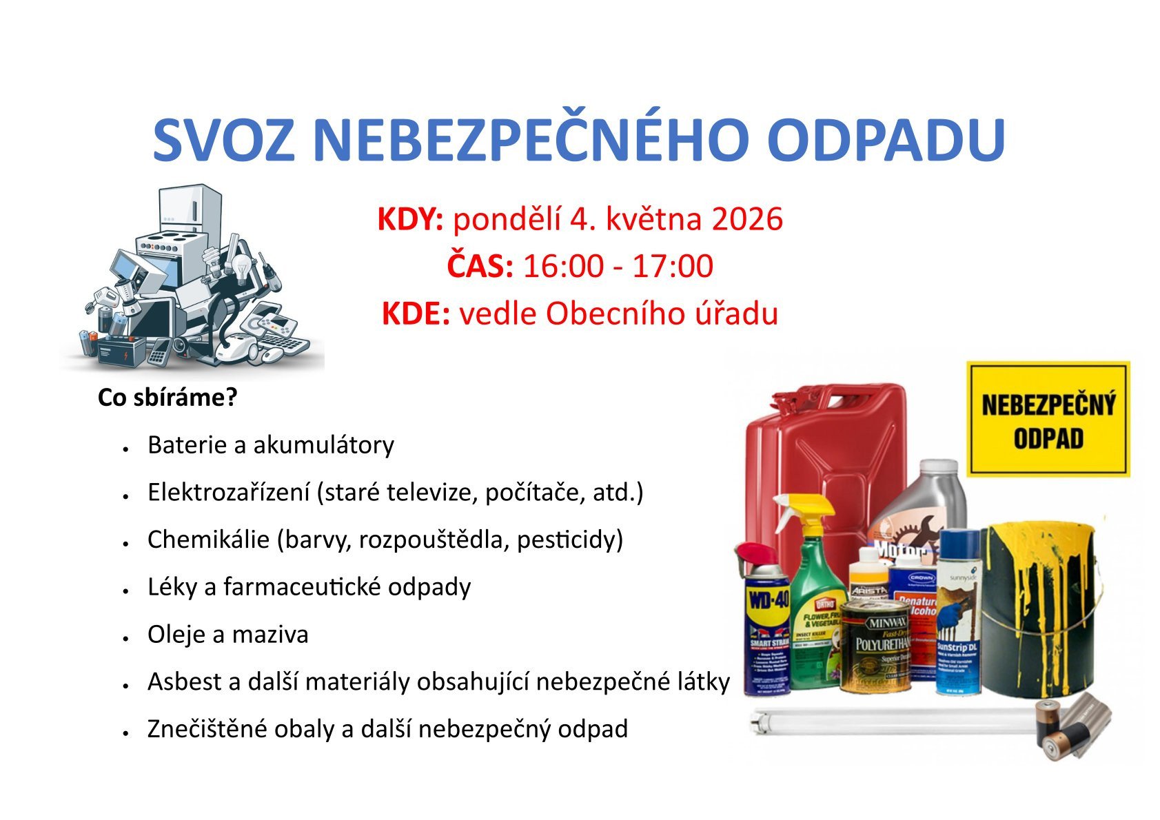 Svoz nebezpečného odpadu v pondělí 4.5.2026