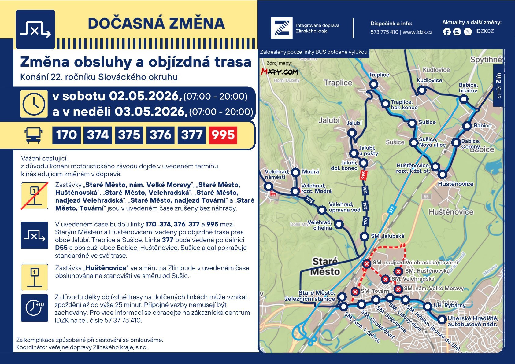 Dopravní omezení a autobusová doprava 2.-.3.5.2026 v době konání závodů motorek ve Starém Městě