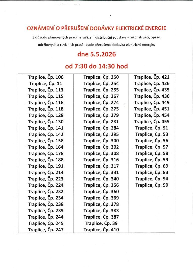 Přerušení dodávky elektriky v části obce Traplice dne 5.5.2026