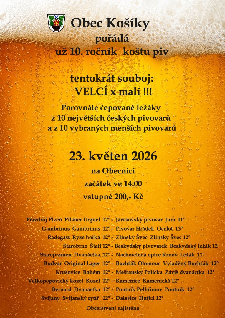 Obec Košíky zve na 10. ročník koštu piv