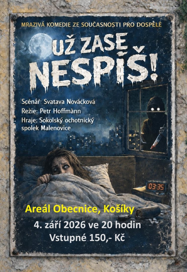 Obec Košíky pořádá v pátek dne 4. září 2026 ve 20.00 hodin na Obecnici divadelní představení s názvem Už zase nespíš. Jde o komedii ze současnosti pro dospělé.